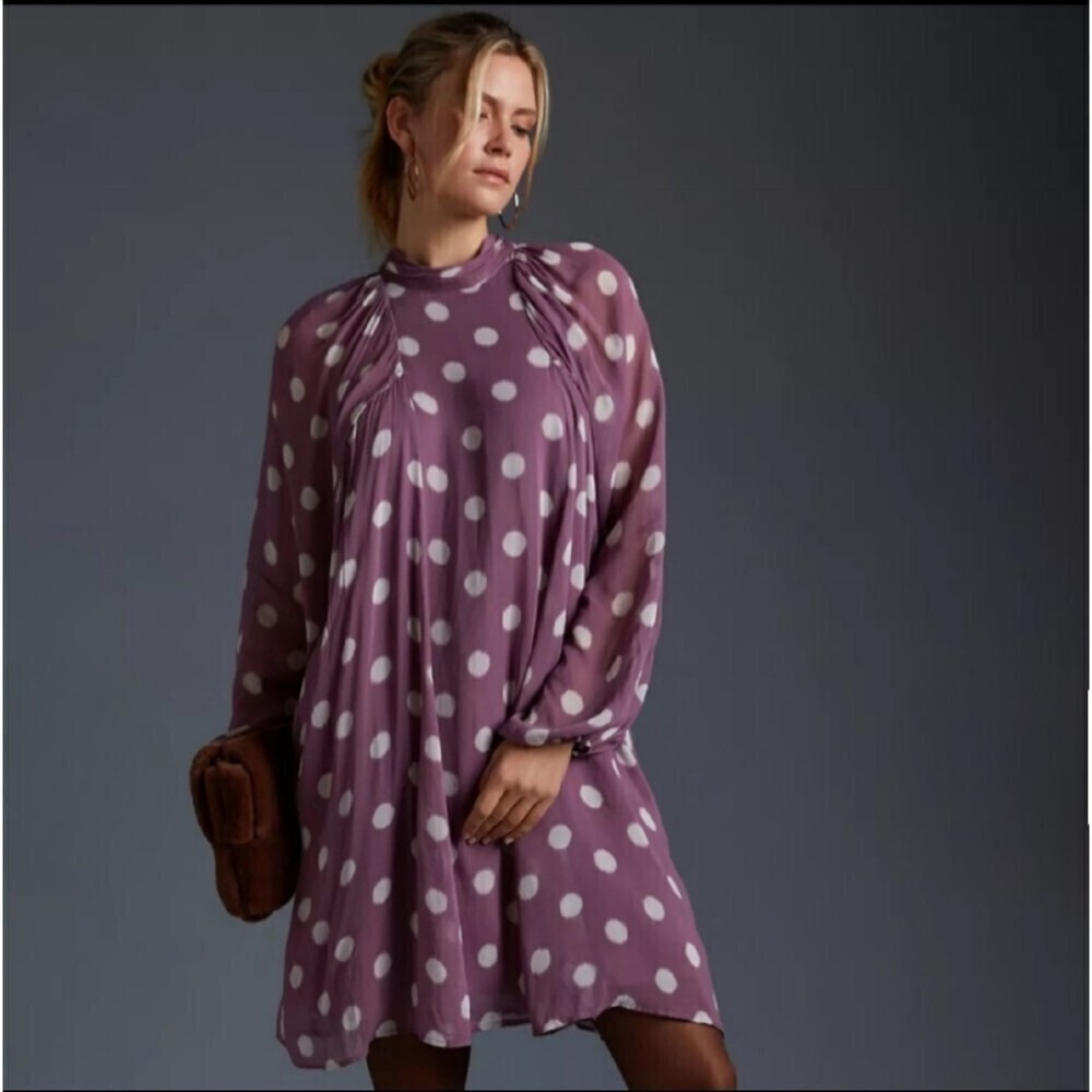 Maeve Anthropologie Mauve Polka Dot Tie Neck Balloon Sleeve Open Back Dress, S